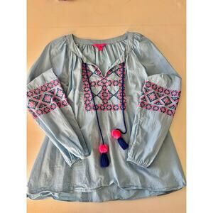 Lilly Pulitzer Cecile Zanzibar Blue Embroidered Long Sleeve Tunic dolman Sleeve